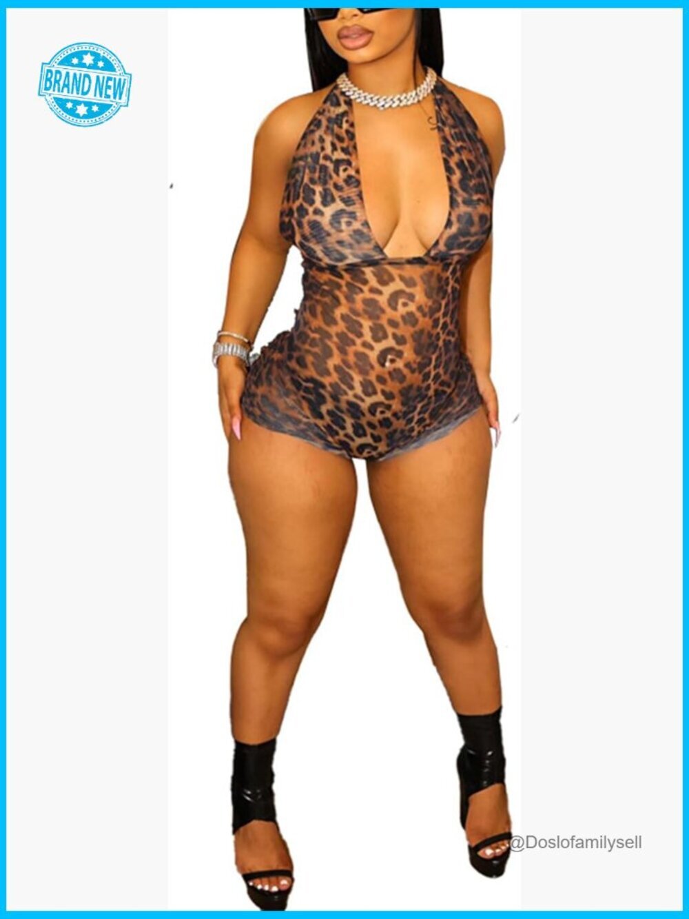 Mesh Cheetah Print Jumpsuit Sexy Halter Sleeveless Romper Y2K Bodycon Clubwear